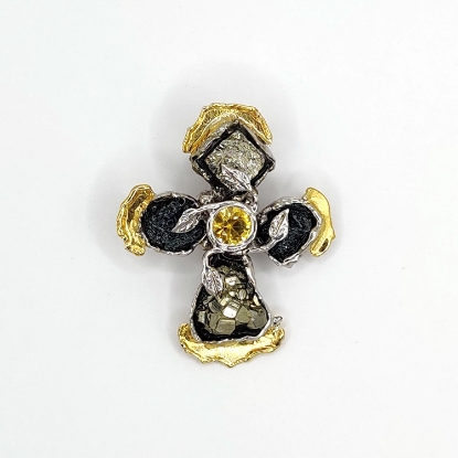 Εικόνα της Χρυσός K14 Σταυρός με Κιτρίνη, Ανθρακοπυρίτη και Ανθρακίτη