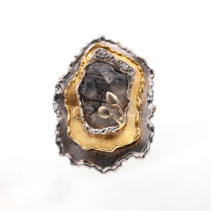 Εικόνα της Δαχτυλίδι από Χρυσό K14 και Ασήμι με Χαλαζία με Μαύρη Τουρμαλίνη
