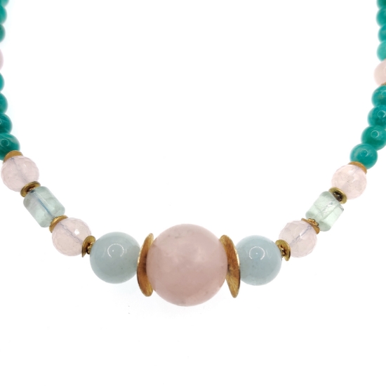 Εικόνα της Κολιέ με Ρόζ Χαλαζία, Άκουαμαρίνα και Τιρκουάζ